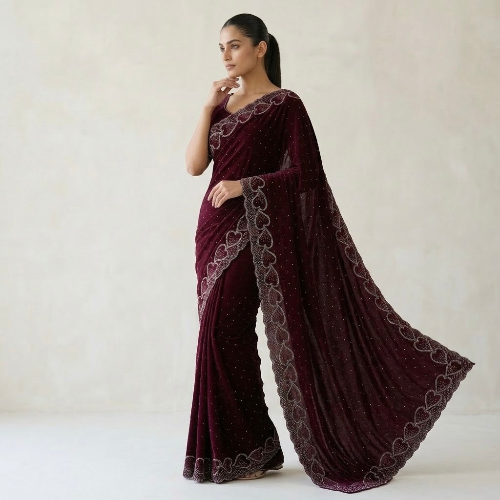 Space Silk Heart Shape Saree – Wine Maroon