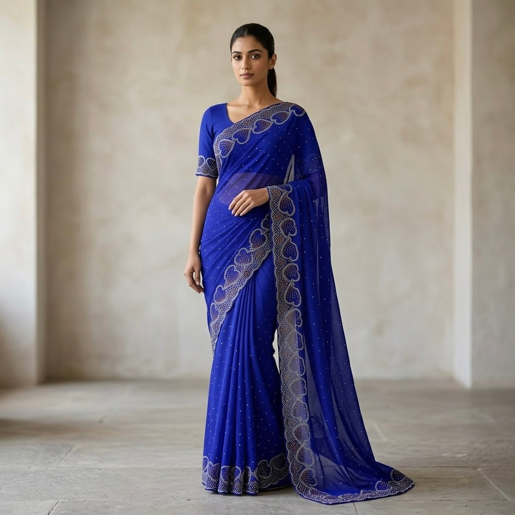 Space silk heart shape saree - royal blue