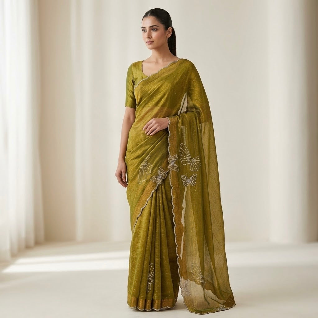 Butterfly stone Space Silk Saree-olive green