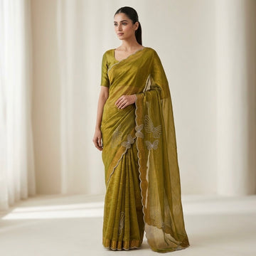 Butterfly stone Space Silk Saree-olive green