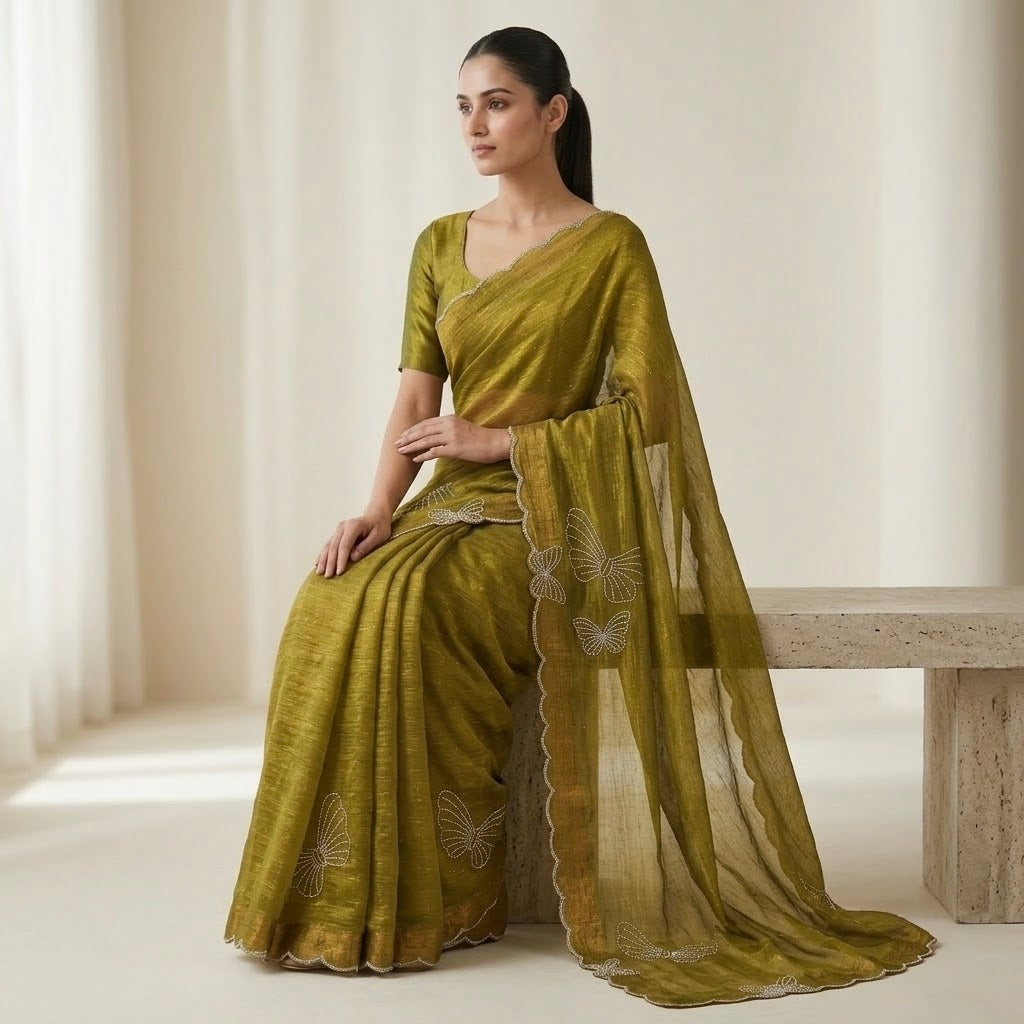 Butterfly stone Space Silk Saree-olive green
