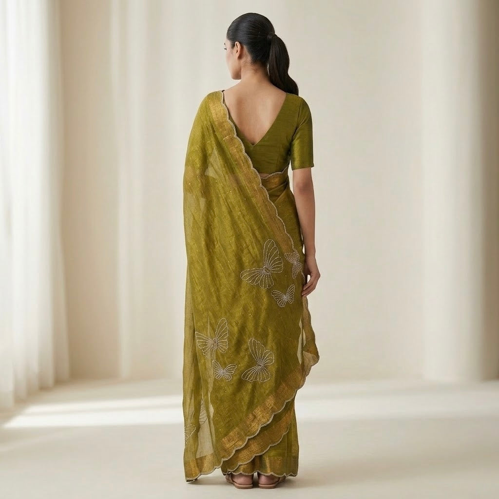 Butterfly stone Space Silk Saree-olive green