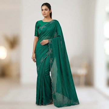 Butterfly stone Space Silk Saree-Emerald Green