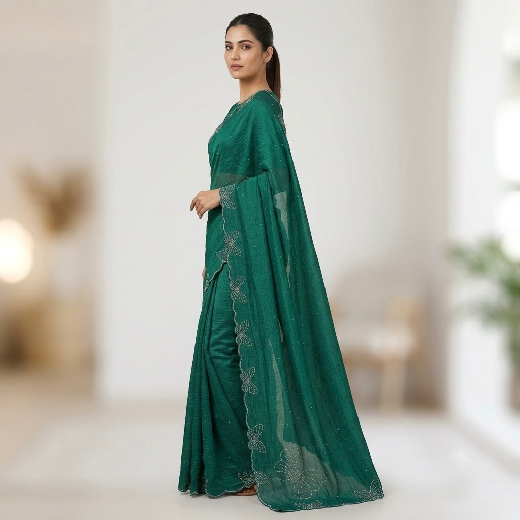 Butterfly stone Space Silk Saree-Emerald Green