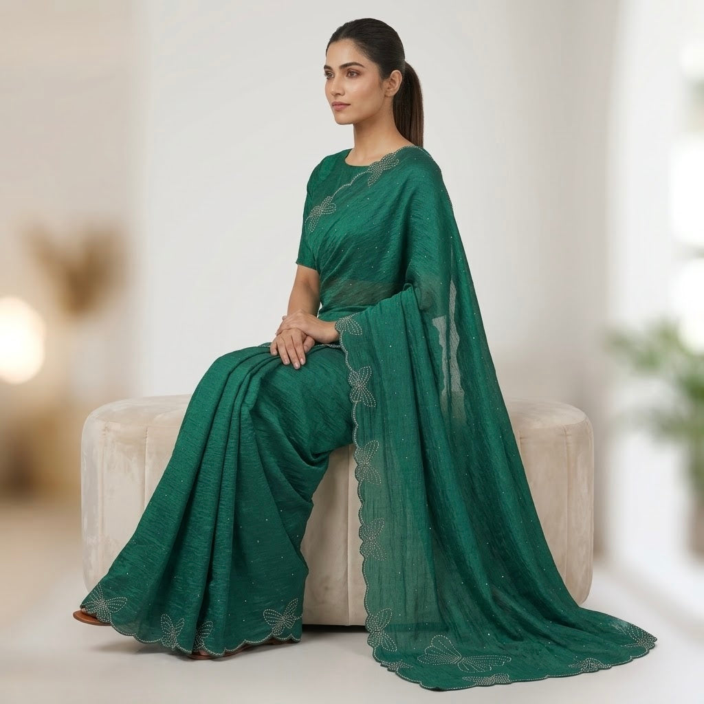 Butterfly stone Space Silk Saree-Emerald Green