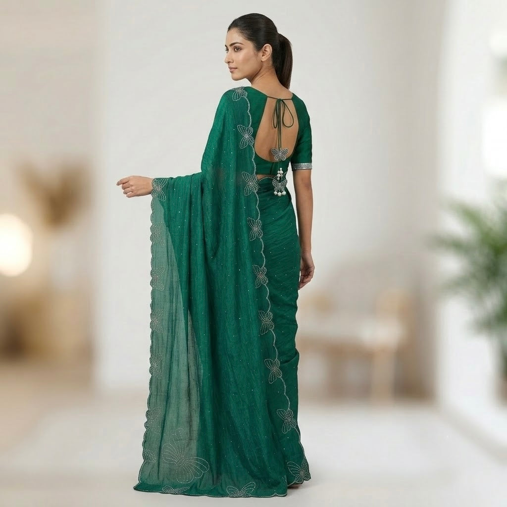 Butterfly stone Space Silk Saree-Emerald Green