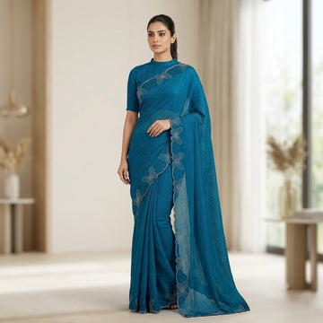 Butterfly stone space silk saree-Teal Blue