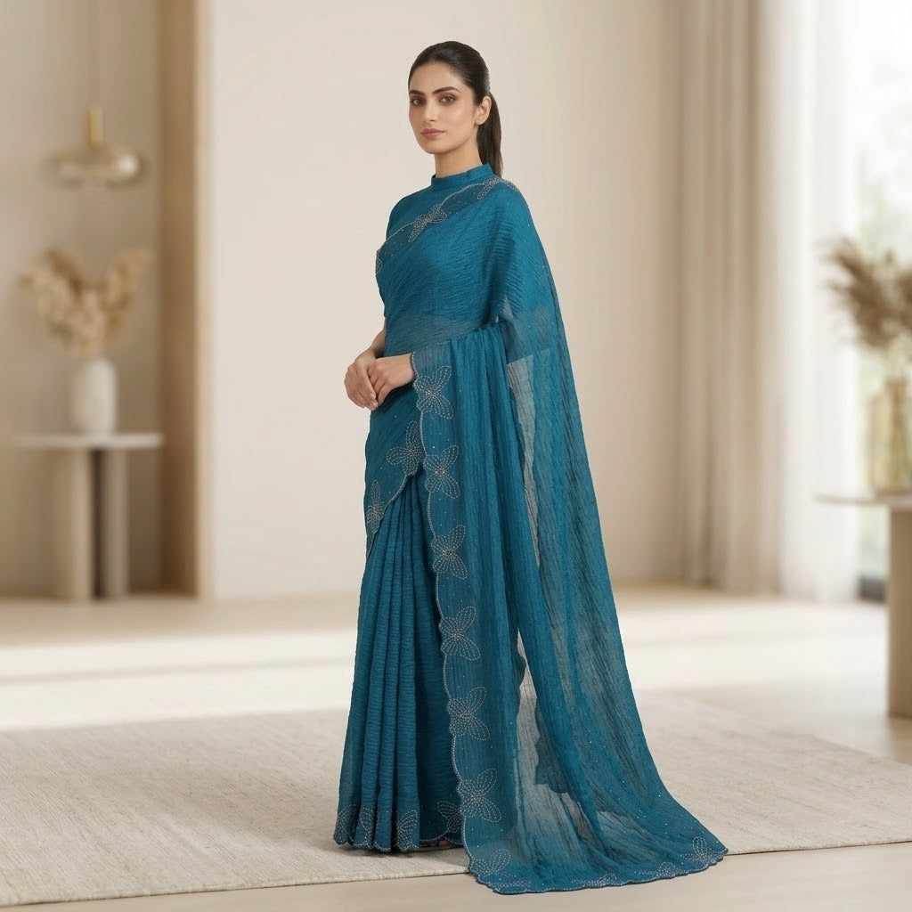 Butterfly stone space silk saree-Teal Blue