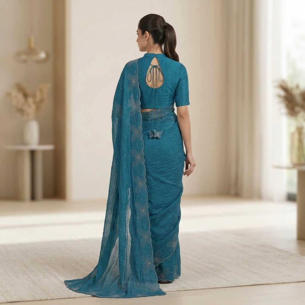 Butterfly stone space silk saree-Teal Blue