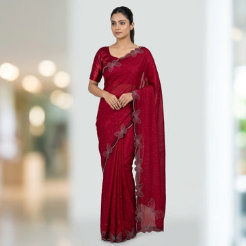 Butterfly stone space Silk saree-rich wine red