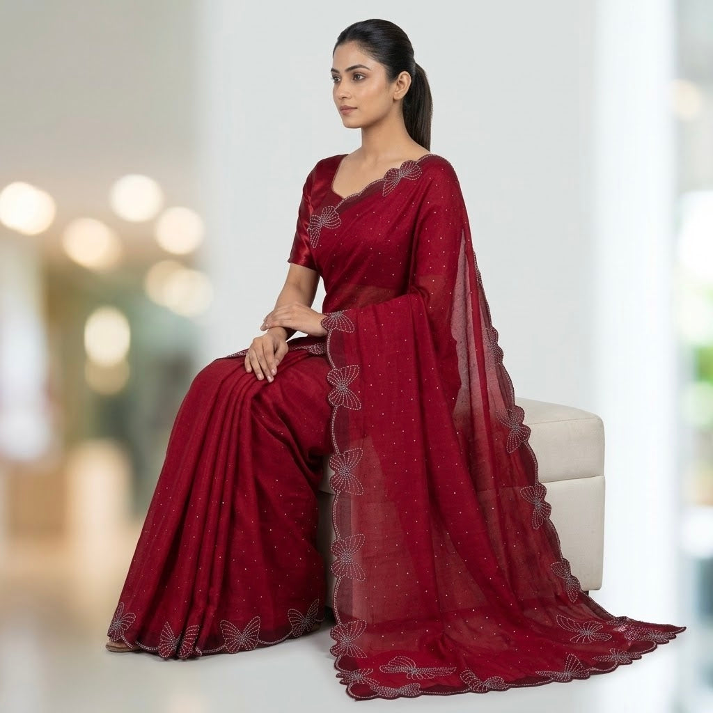Butterfly stone space Silk saree-rich wine red