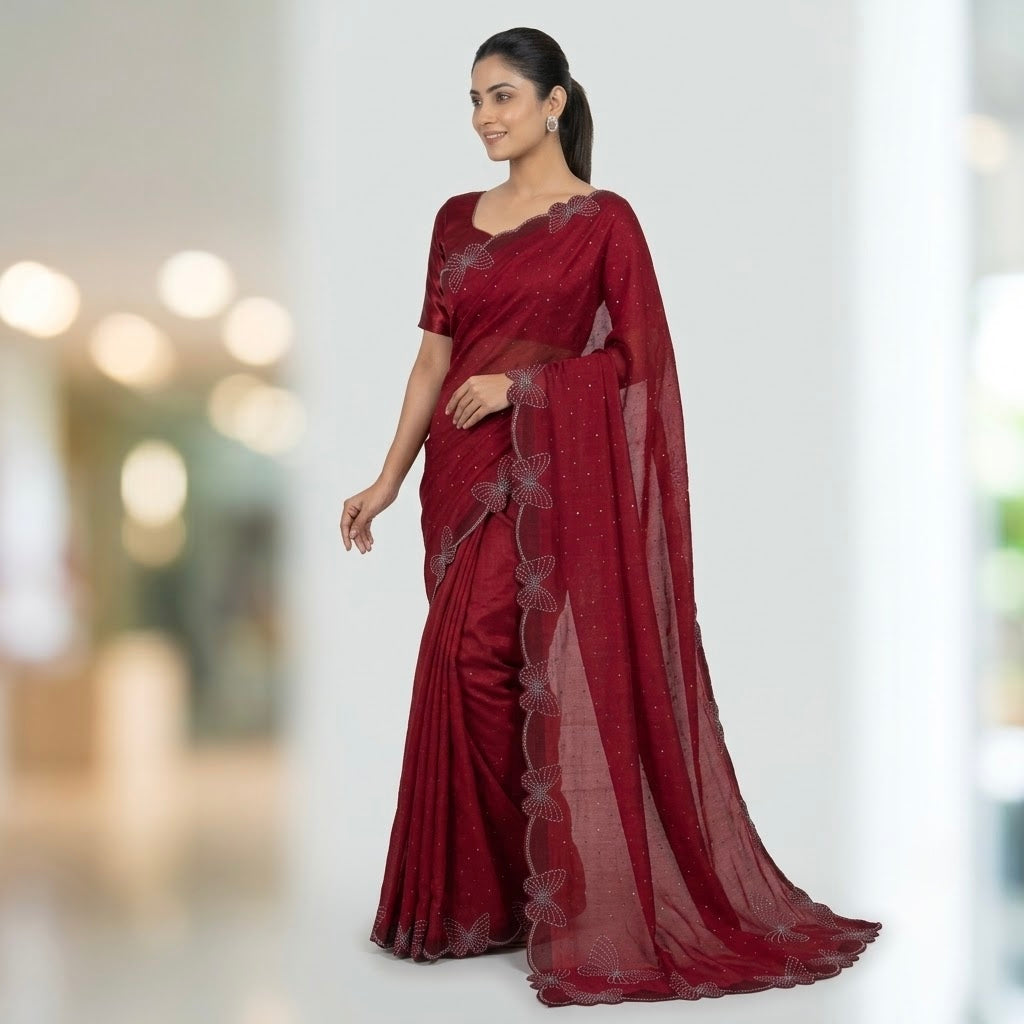 Butterfly stone space Silk saree-rich wine red