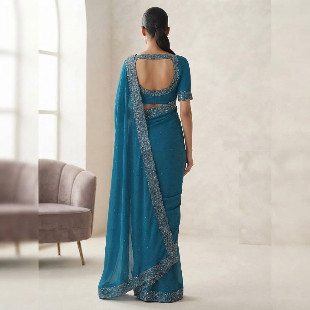 Heavy stone work space silk saree - teal blue