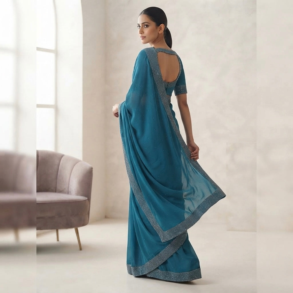 Heavy stone work space silk saree - teal blue