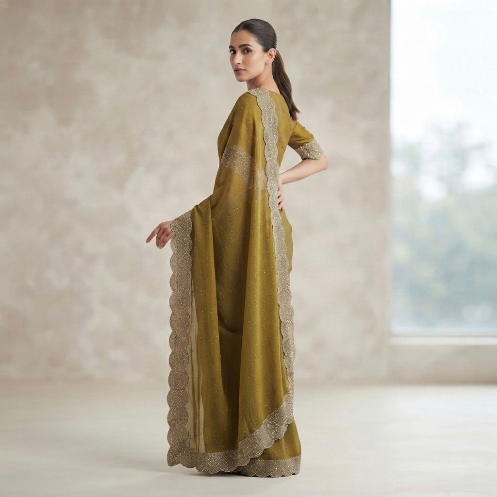 Heavy work border space silk saree- olive gold