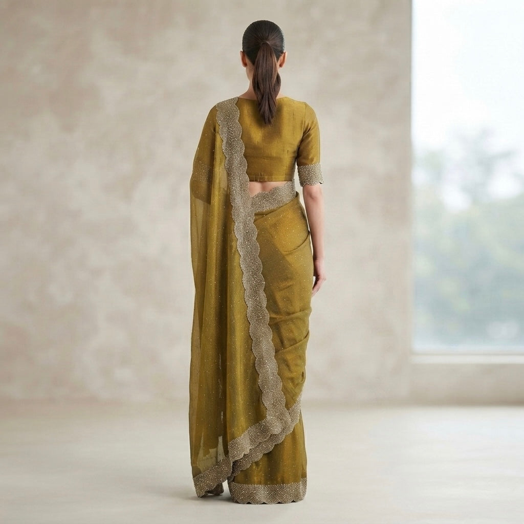 Heavy work border space silk saree- olive gold