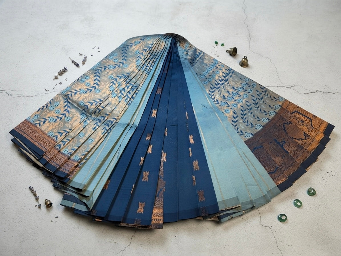 Silk saree-Premium Gold Saree with Royal Blue Floral Woven Motifs
