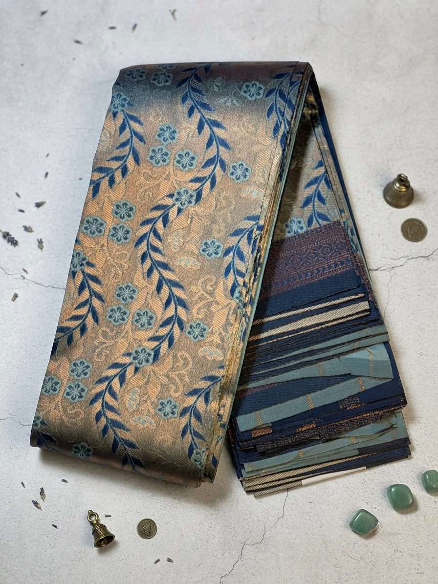 Silk saree-Premium Gold Saree with Royal Blue Floral Woven Motifs