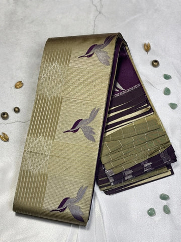 Premium Soft Silk saree-Olive Gold with Deep Purple Contrast