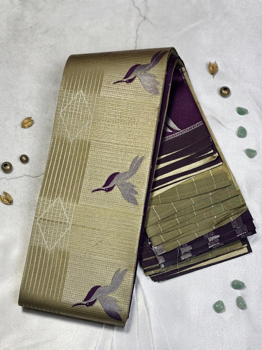 Premium Soft Silk saree-Olive Gold with Deep Purple Contrast