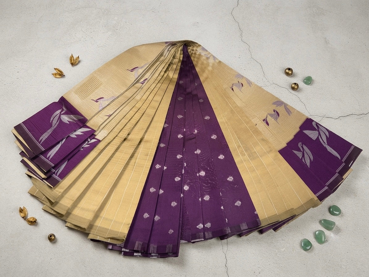 Premium Soft Silk saree-Olive Gold with Deep Purple Contrast