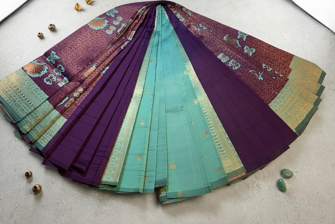 Silk saree-Royal Plum &Green Silk Saree with Floral Motifs and Zari Borders