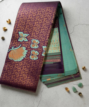 Silk saree-Royal Plum &Green Silk Saree with Floral Motifs and Zari Borders