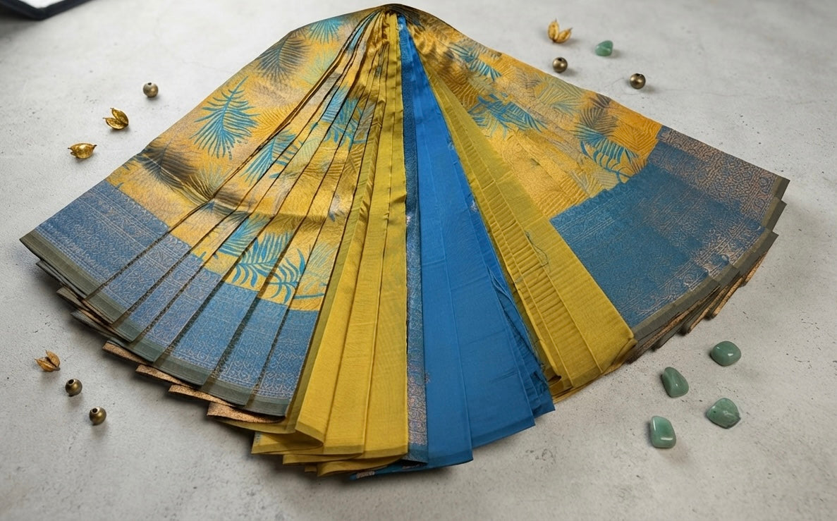 Premium Silk saree-Mustard Yellow with Sky Blue Contrast