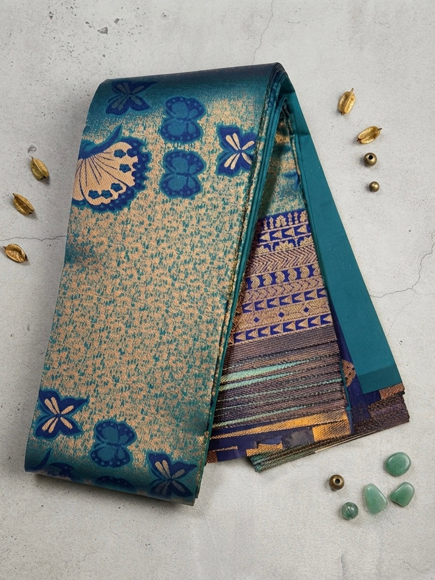 Premium Brocade Silk saree-Sea Green with Navy Blue Contrast