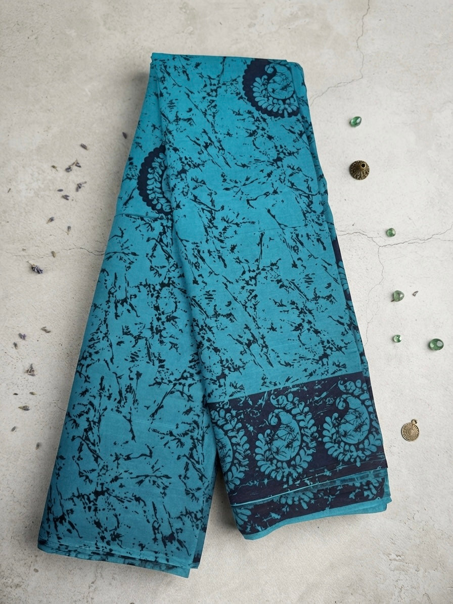 Sky Blue -Sungudi Cotton Saree with Traditional Printed Border