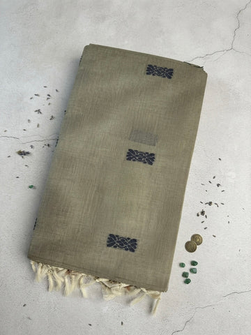 silk cotton saree-Handloom Grey Saree with Navy Blue Woven Motifs & Designer Pallu