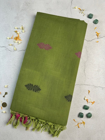 silk cotton saree- olive green with pink Woven Motifs  Pallu