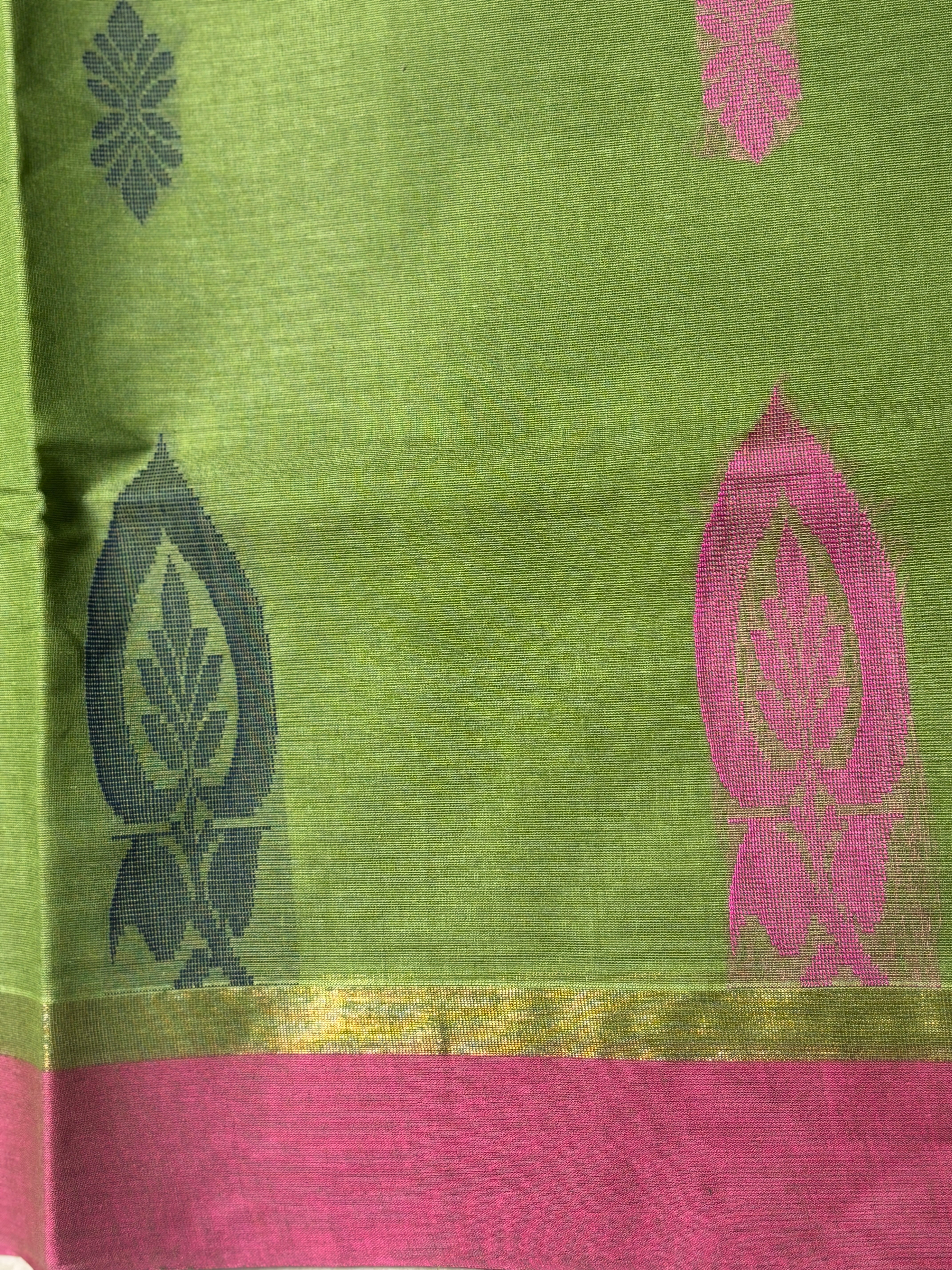 silk cotton saree- olive green with pink Woven Motifs  Pallu