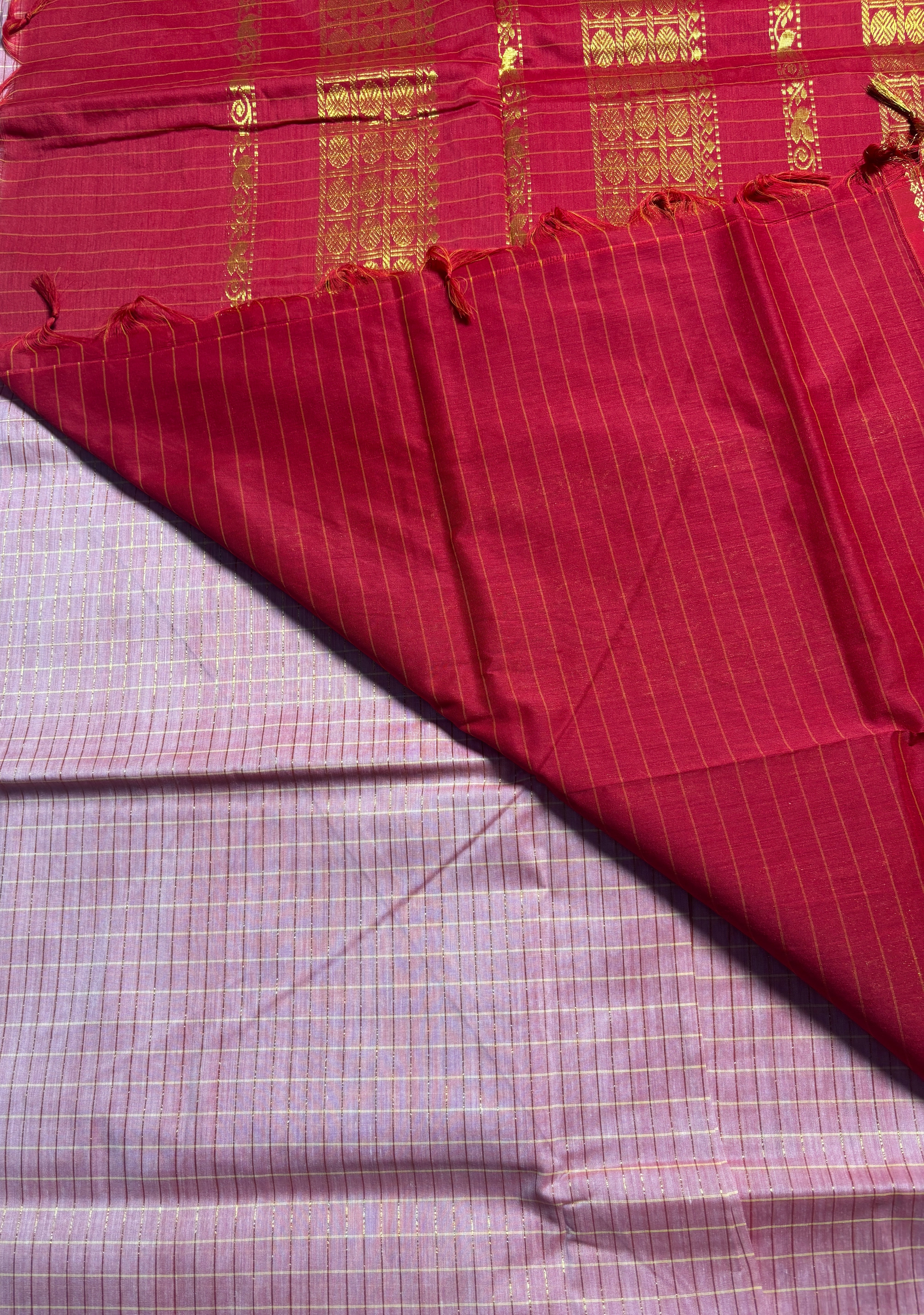 Zari Checked Kalyani Cotton Saree-onion pink with red colour