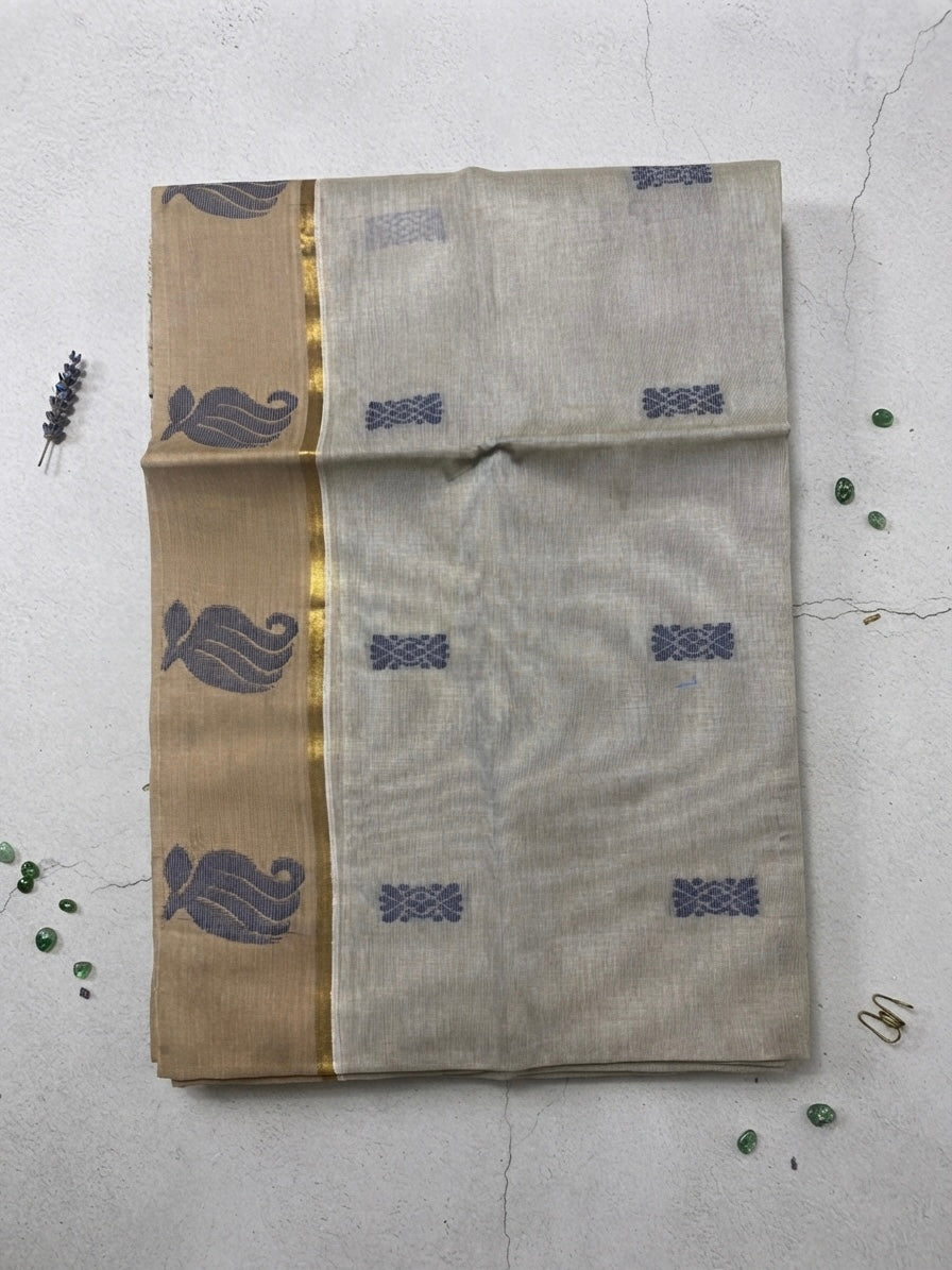 silk cotton saree-Handloom Grey Saree with Navy Blue Woven Motifs & Designer Pallu