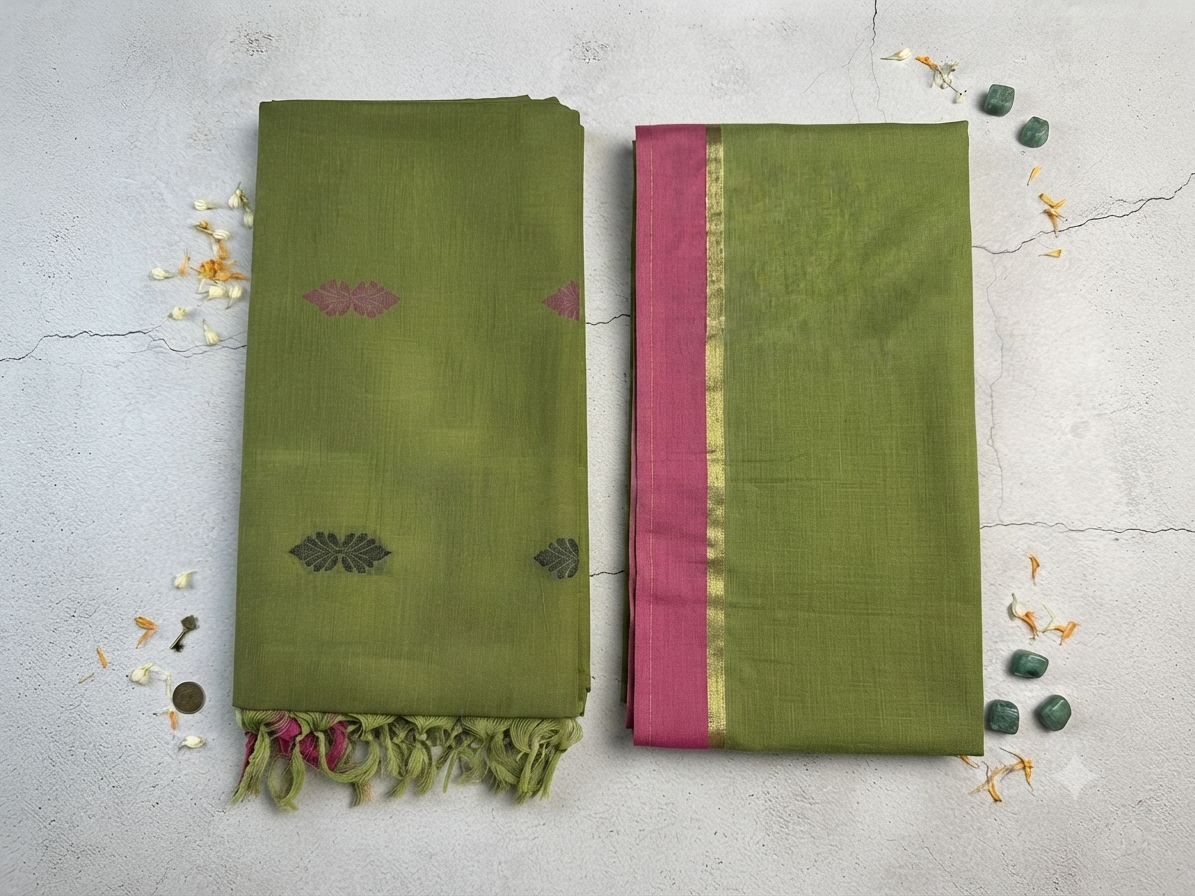 silk cotton saree- olive green with pink Woven Motifs  Pallu