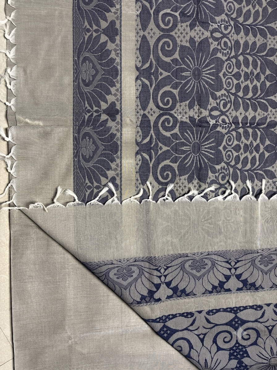 silk cotton saree-Handloom Grey Saree with Navy Blue Woven Motifs & Designer Pallu