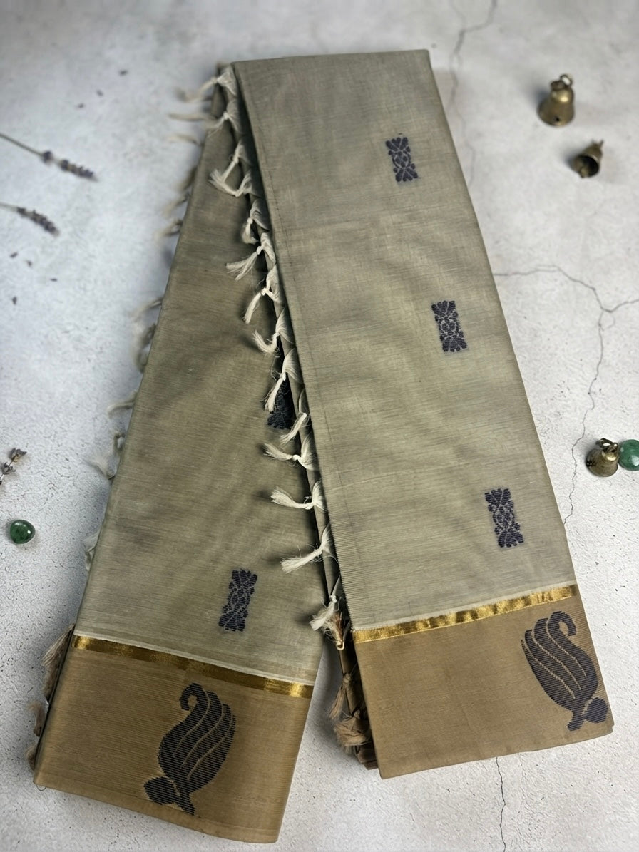 silk cotton saree-Handloom Grey Saree with Navy Blue Woven Motifs & Designer Pallu