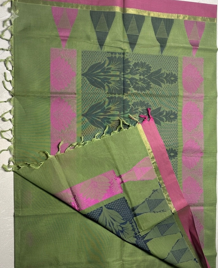 silk cotton saree- olive green with pink Woven Motifs  Pallu