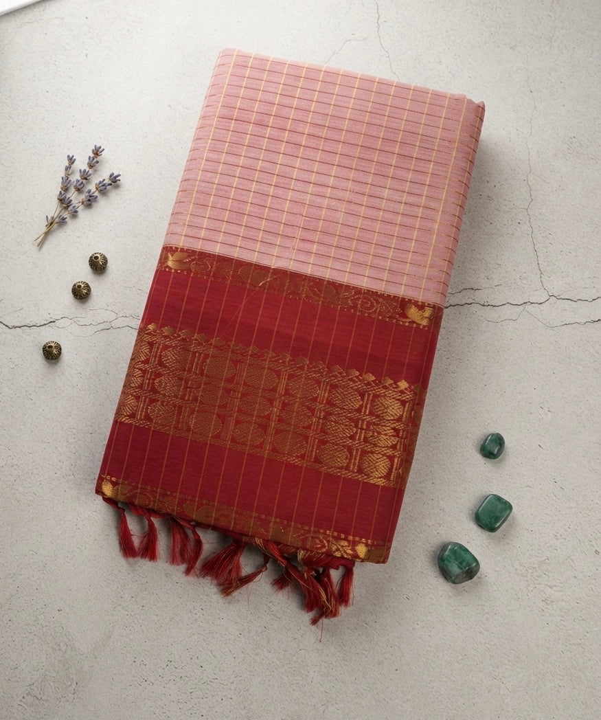 Zari Checked Kalyani Cotton Saree-onion pink with red colour