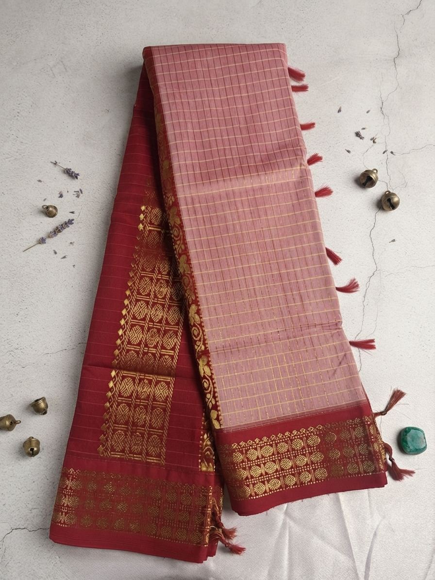 Zari Checked Kalyani Cotton Saree-onion pink with red colour