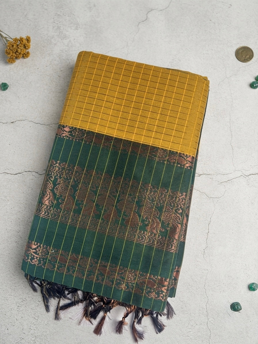 Zari Checked Kalyani Cotton Saree-vibrant mustard yellow with a deep rich green