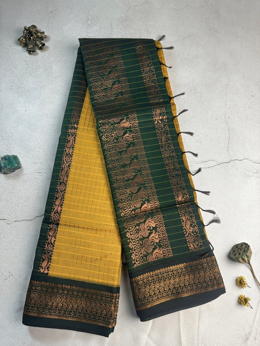 Zari Checked Kalyani Cotton Saree-vibrant mustard yellow with a deep rich green