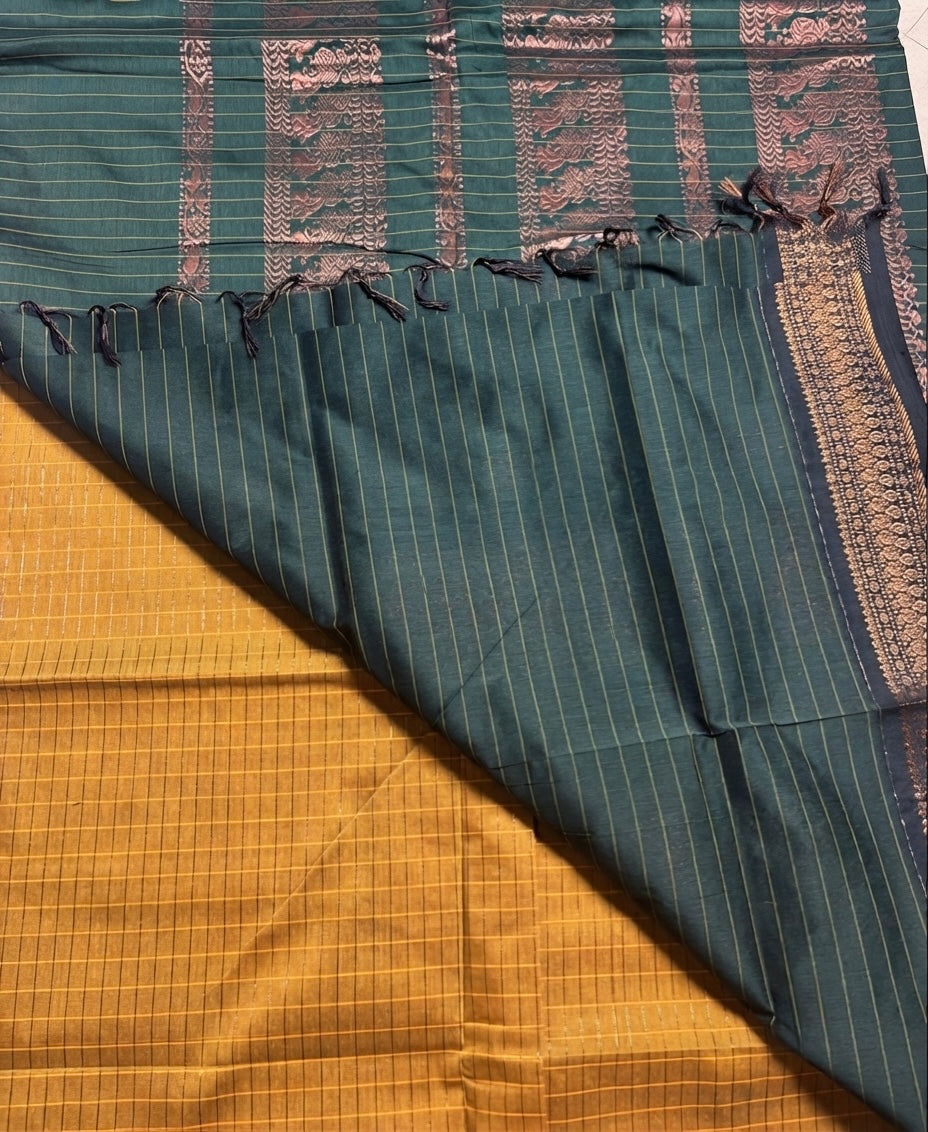 Zari Checked Kalyani Cotton Saree-vibrant mustard yellow with a deep rich green