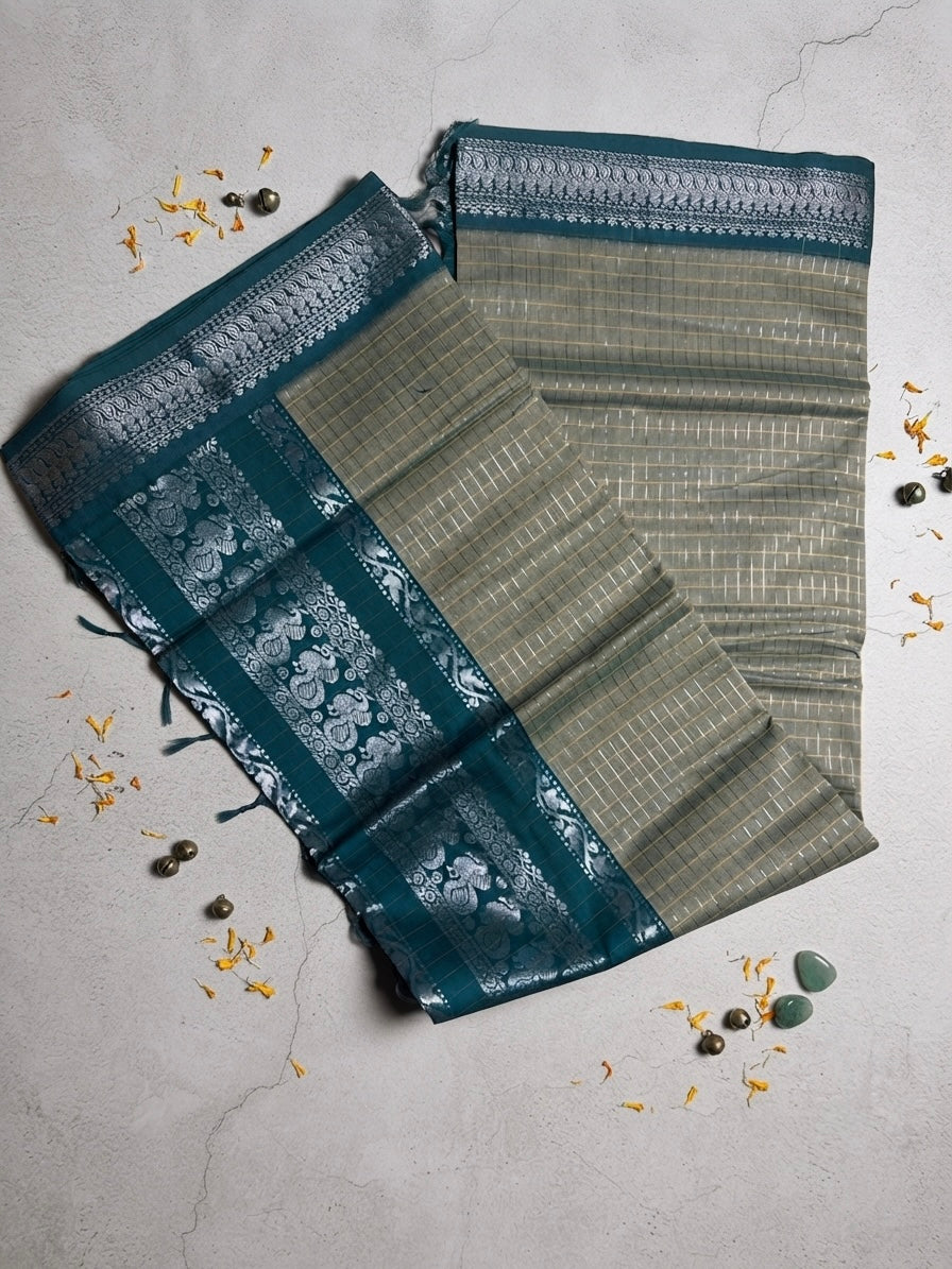 Zari Checked Kalyani Cotton Saree-vibrant teal blue with sliver detailed