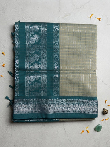 Zari Checked Kalyani Cotton Saree-vibrant teal blue with sliver detailed
