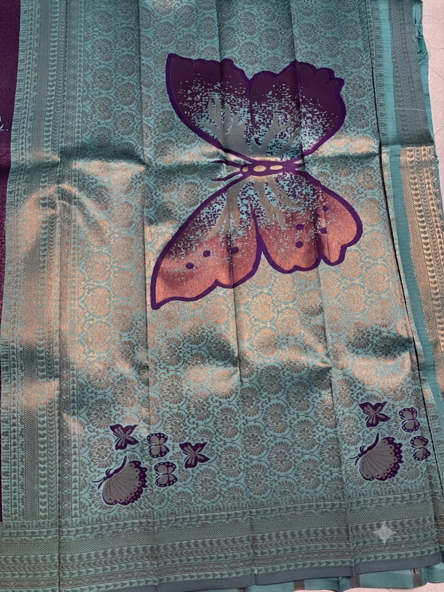Silk saree-Royal Plum &Green Silk Saree with Floral Motifs and Zari Borders