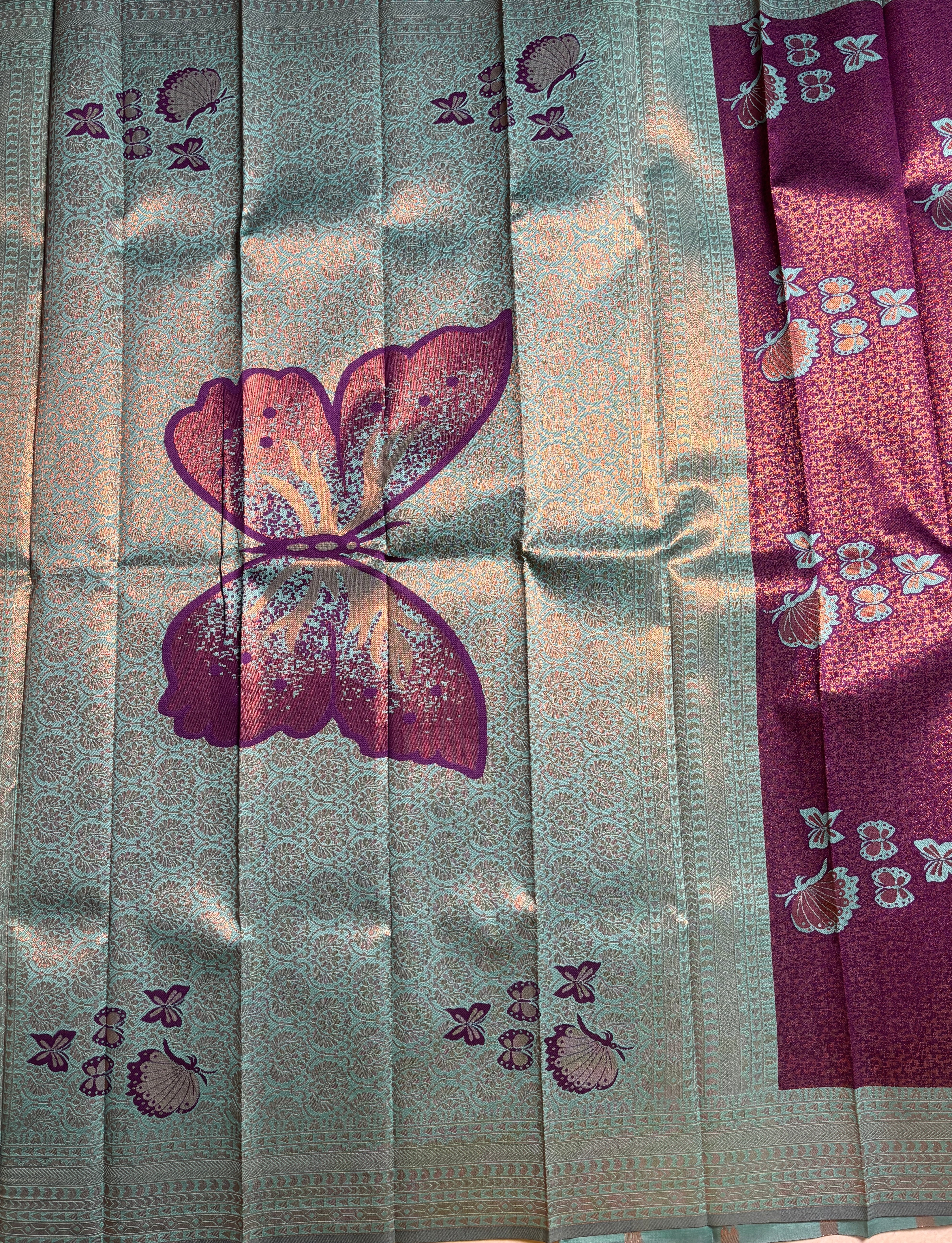 Silk saree-Royal Plum &Green Silk Saree with Floral Motifs and Zari Borders