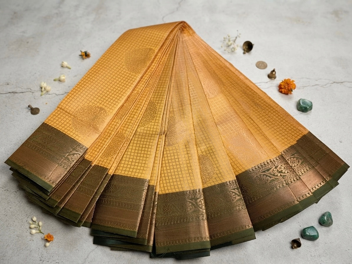 Silk saree-Royal Mustard & Olive Green Kanchipuram