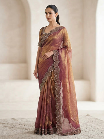 Sapce silk-Maroon and Gold Dual-Tone Space Silk Saree with Scalloped